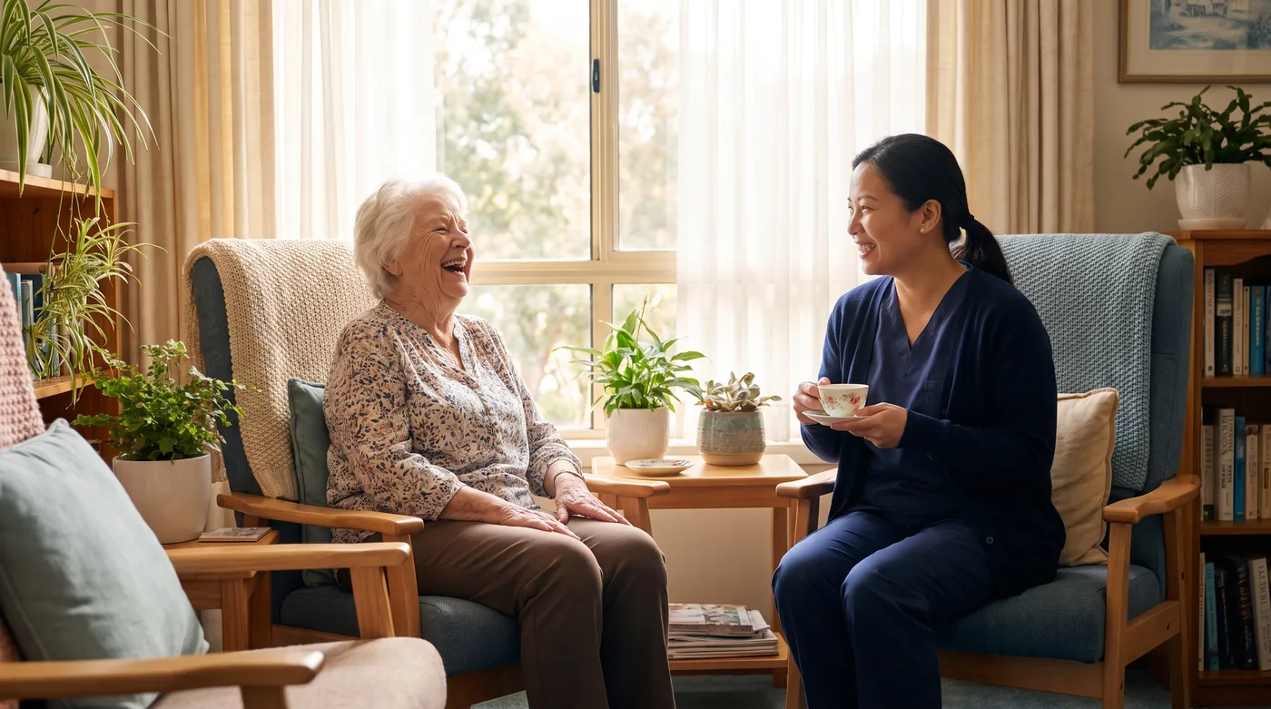 A Vietnamese caregiver sharing a warm moment with an elderly resident in a bright senior-care home