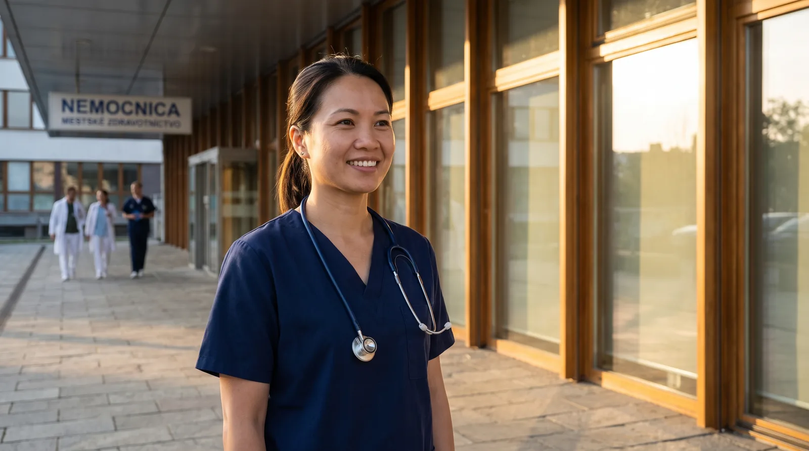 A confident Vietnamese nurse outside a modern European hospital