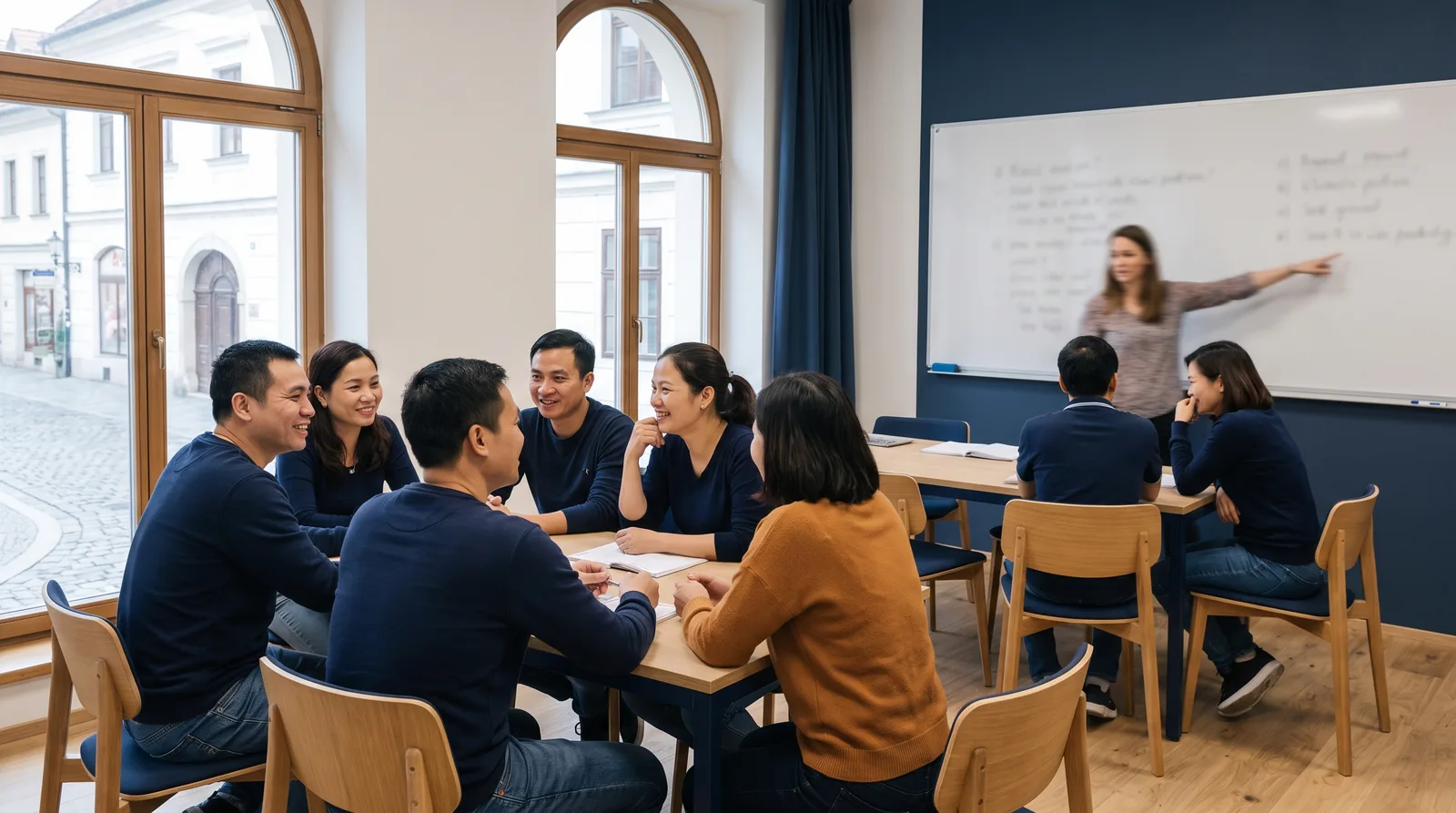 Vietnamese students in a bright Slovak-language class with a teacher