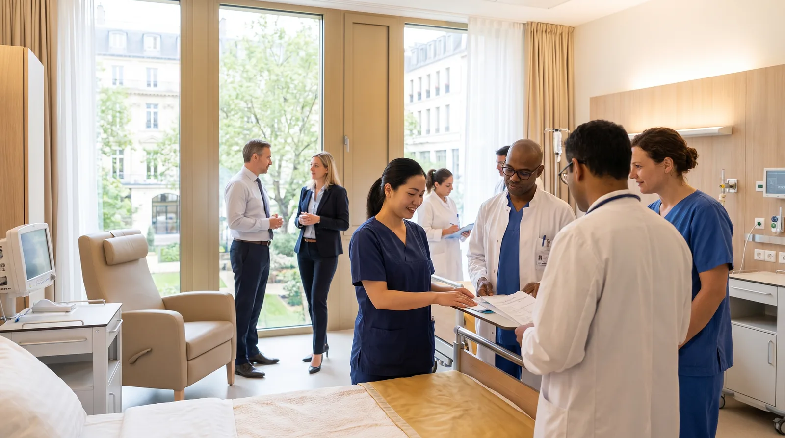 A diverse care team in a modern, bright hospital ward