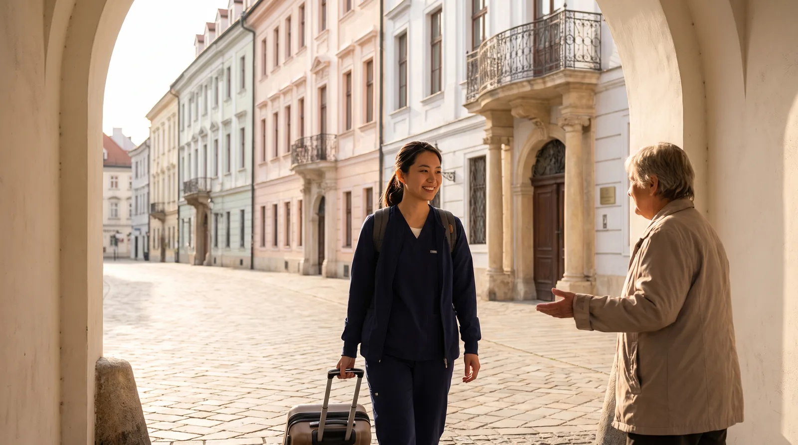 A Vietnamese healthcare professional arriving on a sunlit Bratislava street